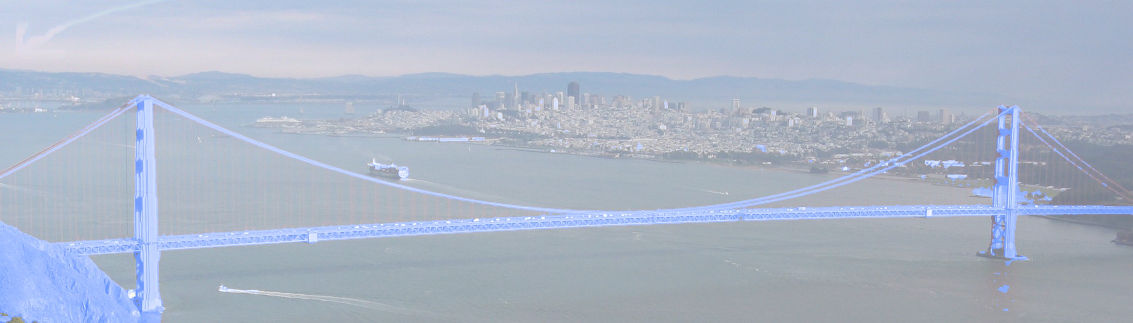 The Golden Gate Bridge in a pale blue treatment