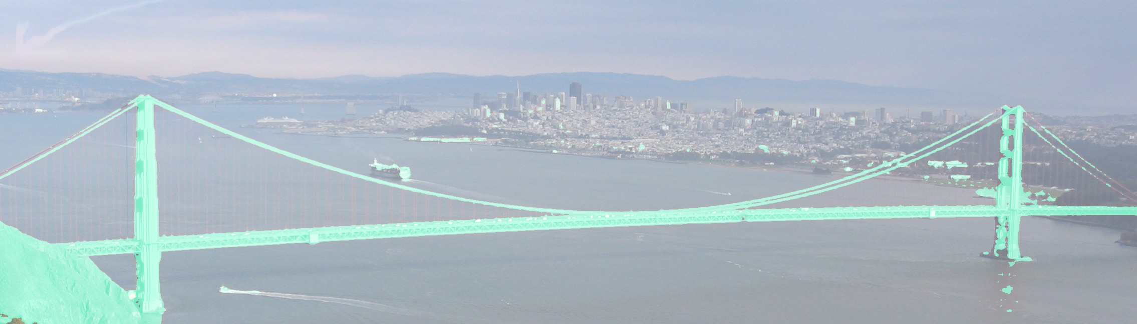 The Golden Gate Bridge in a pale green treatment
