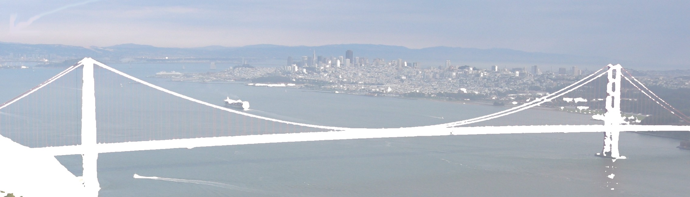 The Golden Gate Bridge in a pale monochrome treatment